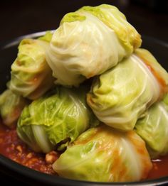 cabbage stuffed with chili sauce in a bowl