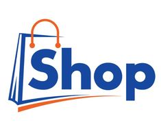 a shopping bag with the word shop on it and an orange handle hanging from it