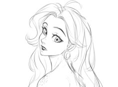 a drawing of a girl with long hair and big eyes, looking to the side