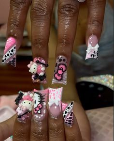 Duck Nails Hello Kitty, Duck Nails Acrylic Hello Kitty, Hello Kitty Duck Nails, Long Nail Designs Hello Kitty, Xxl Hello Kitty Nails, Duck Nails Mcbling, Acrylic Nails Nude, Anime Nails, Diy Acrylic Nails