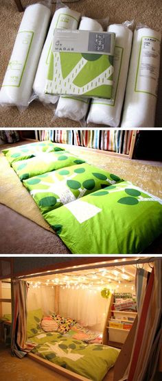 there are three pictures of different types of beds in the same room, one is made out of blankets and the other has pillows