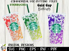 three starbucks cup tumblers with butterflies on them and the words, commercial use cutting files