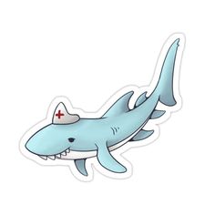 a cartoon shark with a red cross on it's head