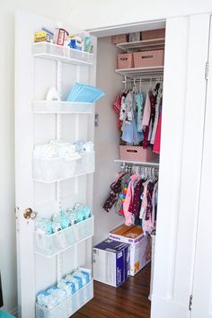 the closet is full of baby clothes and diapers