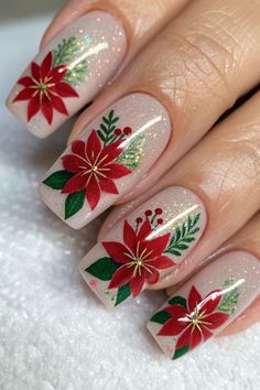 Christmas Flower Nail Designs, Poinsettia Nails Design, Pointsetta Nail Design, Poinsettia Nail Art, Poinsettia Nails, Winter Nail, Christmas Flowers