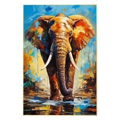 an elephant is walking through the water with its trunk in it's mouth and painting itself