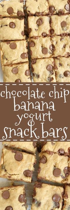 chocolate chip banana yogurt snack bars stacked on top of each other with text overlay