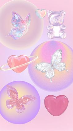 three hearts, two teddy bears and one butterfly on a pink background