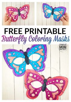 three butterfly masks with the words free printable butterfly coloring masks on top and bottom