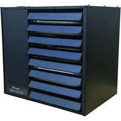 a black metal cabinet with six blue drawers