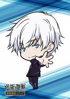 an anime character with white hair and blue eyes, holding his hand up to the side