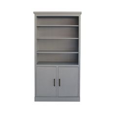 a gray bookcase with two doors and one door open