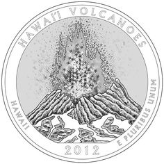 a silver coin with an image of volcanos on it