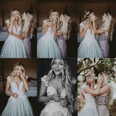 four different pictures of a woman in a wedding dress