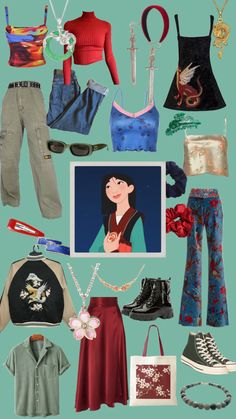 an assortment of clothes and accessories are arranged on a blue background with the words disney