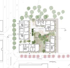 the site plan for an urban park with several trees and bushes on each side of it