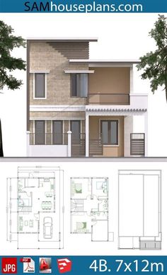 two story house plan with floor plans and measurements