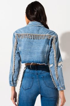 AKIRA Label Light Wash Rhinestone Fringe Cropped Denim Jacket in Light Blue Denim Fringe, Faux Fur Collar Coat, Designer Denim, Fringe Jacket, Jeans Diy