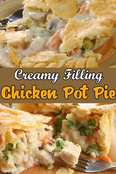 creamy filling chicken pot pie on a plate with a fork in it and the rest of the pie