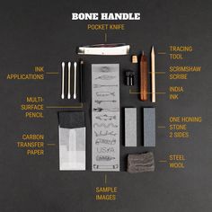 the contents of a bone handle kit laid out on a black surface with information about it