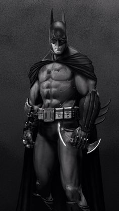 a black and white photo of a batman standing with his hands on his hipss