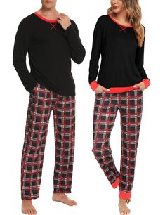 PRICES MAY VARY. 💓High-Quality Materials: Couples pajama sets are made of super soft and comfy modal fabric (95% Rayon, 5% Spandex), silky and stretchy, smooth to the skin, making you feel comfy and relaxed 💓Long Sleeve Pajama Tops: The neckline and cuffs of the pajama top are designed in contrasting colors, which are simple but distinctive. Simple pullover style for easy fit. The loose design gives you a cozy and warm night 💓Plaid / Stripe Pants: Long sleepwear set adopts an eye-catching cla Simple Pullover, Buffalo Plaid Pajamas, Xmas Pajamas, Couple Pajamas, Stripe Pants, Pajamas Comfy, Cotton Sleepwear, Soft Pajamas, Plaid Pajamas