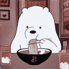 a polar bear eating noodles from a bowl