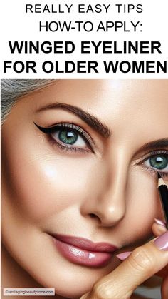 A woman over 40 with beautiful eyeliner makeup. How To Put Eyeliner, Lid Eyeliner, Step By Step Eyeliner, Eyeliner Types, Hooded Eye Makeup Tutorial, Shaky Hands, Hooded Eyelids, Eyeliner Application