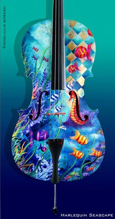 a violin with an underwater scene painted on it's back and the words harlequin seacape