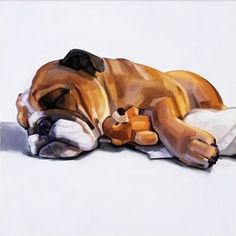 a painting of a dog laying on the ground with its head down and eyes closed