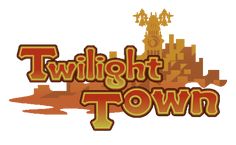 the logo for twilight town with a clock tower in the background