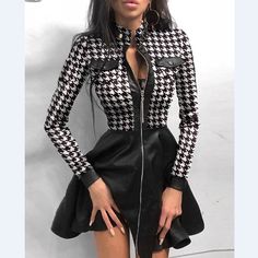 Houndstooth Outfit, Tie Up Heels, Leather Mini Dress, Faux Leather Dress, Mini Robes, Sleeves Clothing, Mini Dress Casual, Slim Dresses, Little Dresses