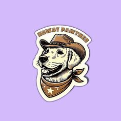 a sticker with a dog wearing a cowboy hat and bandana on it's head