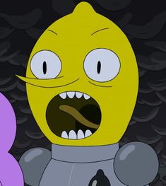 a cartoon character with an angry look on his face and mouth, standing in front of a dark background