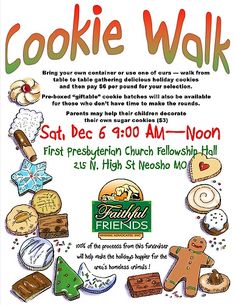 an advertisement for a cookie walk with cookies and other items