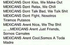 the mexicans don't kiss, we make out mexicans don't relax, we chill mexicans don't talk bad, we talk