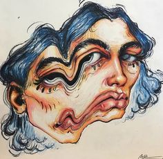 a drawing of a man's face with blue hair