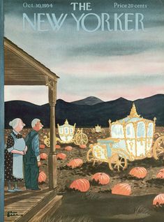 an advertisement for the new yorker magazine featuring two people standing in front of pumpkins