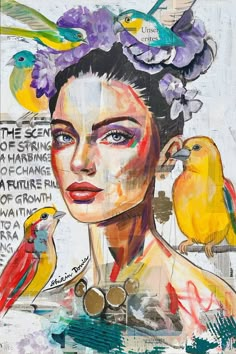 a painting of a woman with birds on her head and words written in the background