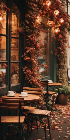 an outdoor cafe with tables and chairs covered in autumn leaves, next to a window