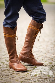 Limited Edition Medieval Fantasy Brown High Boots "Forest" for sale. Available in: limited cinnamon brown leather :: by medieval store ArmStreet Renfaire Outfits, Fantasy Boots, Medieval Fantasy Clothing, Narnia Costumes, Light Brown Boots, Medieval Boots, Medieval Shoes, Medieval Cloak, Brown High Boots