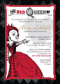 the red queen party flyer is shown with an image of a woman in a dress