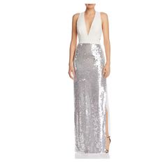 Crepe And Sequin Column Dress. Plunging V-Neck. Open Back With Crisscross Straps. Sleeveless, Built-In Bust Padding. Panelled Crepe Bodice, Inset Waistband. Concealed Back Zip. White V-neck Maxi Dress For Gala, Sequined V-neck Maxi Dress, White V-neck Gala Dress, White V-neck Maxi Dress For Cocktail, Sequined V-neck Maxi Dress For Cocktail, White Maxi Dress With Surplice Neckline For Party, White V-neck Maxi Dress For Night Out, White Maxi V-neck Party Dress, Floor-length V-neck Dress For Date Night