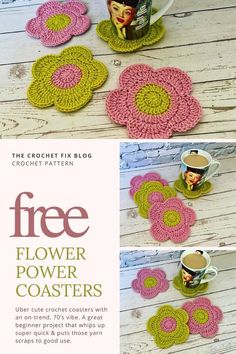 crochet flower coasters with coffee cup and mug cozying pattern on them