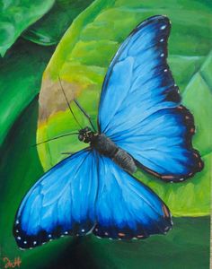 a painting of a blue butterfly sitting on a green leafy plant with leaves around it