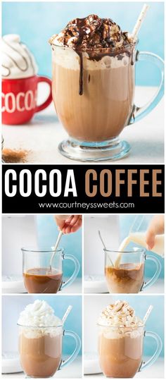 there is a collage of different shots with coffee in them and the words cocoa coffee on it