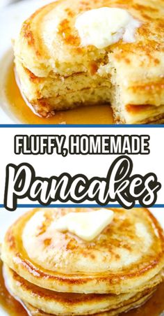 fluffy, homemade pancakes with butter on top and syrup on the bottom are shown in this collage