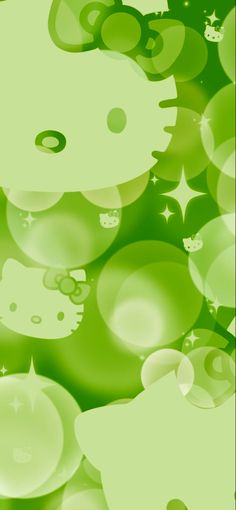 a green hello kitty wallpaper with stars and bubbles in the background, as well as an image of a cat