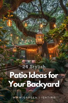 a patio with lights hanging from it and the words 24 stylish patio ideas for your backyard