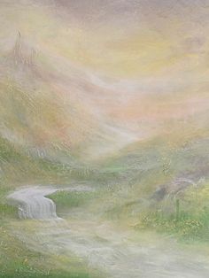 an oil painting of a mountain scene with sheep grazing in the foreground and a stream running through it